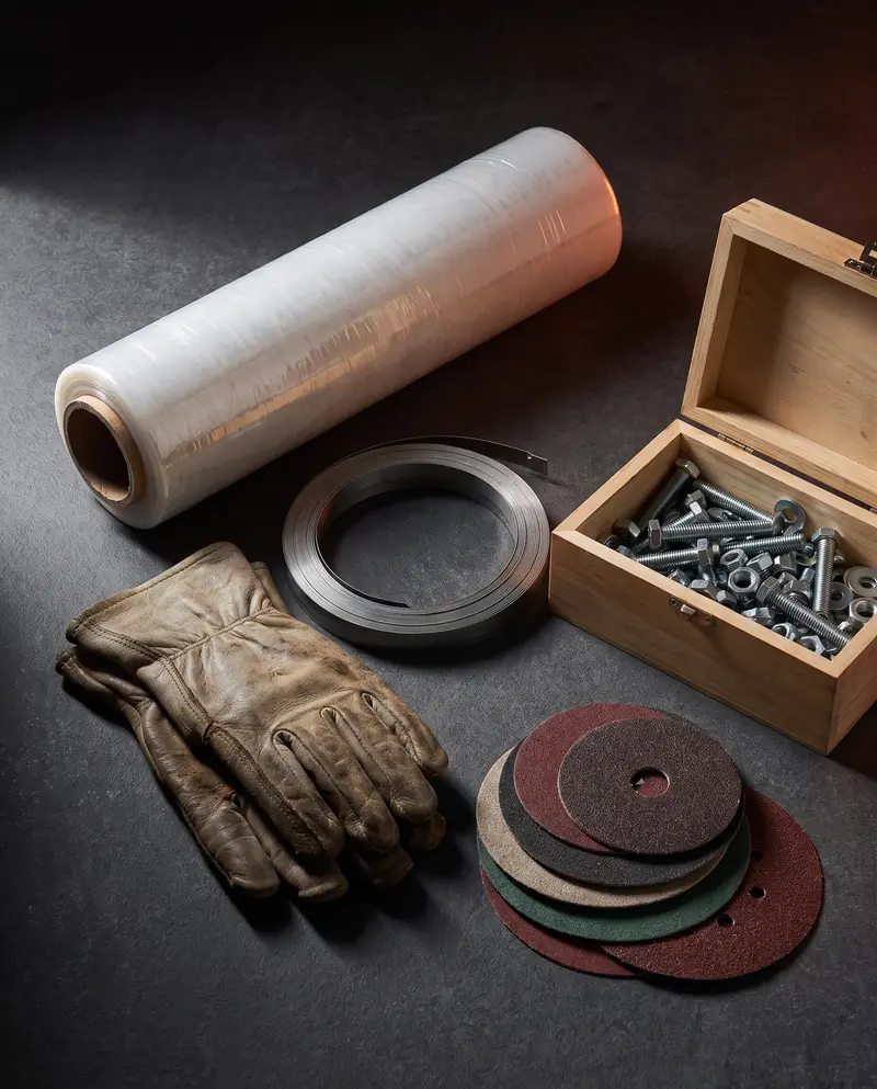 Stretch wrap, steel strapping, work gloves and fasteners