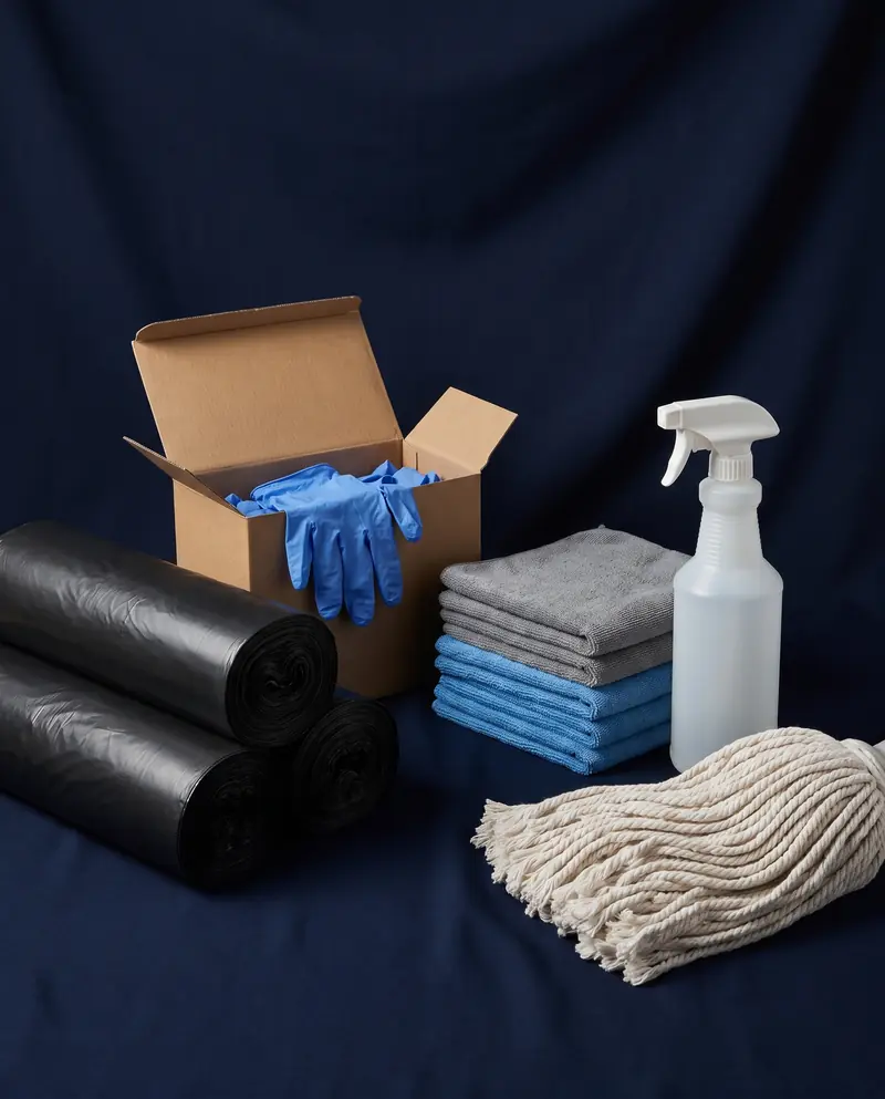Trash can liners, nitrile gloves, cloths and a spray bottle