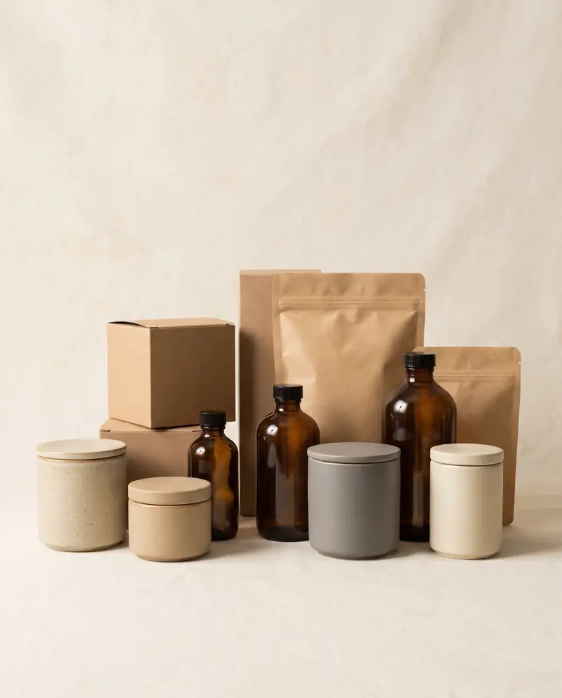 Blank boxes, pouches and unlabeled bottles