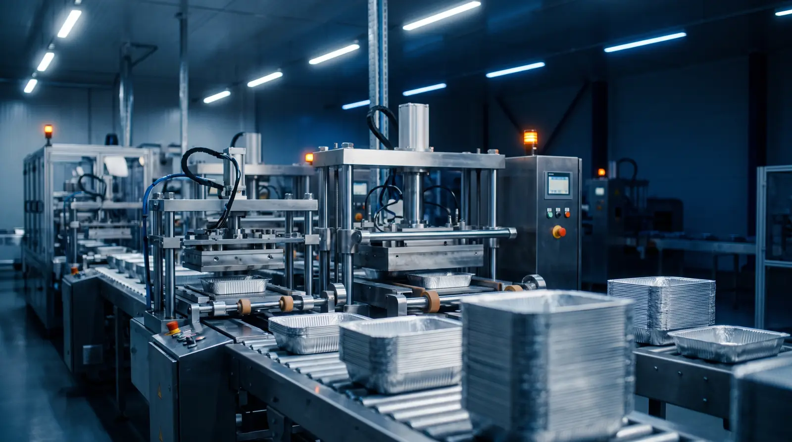 Automated presses forming aluminum food trays on a factory line