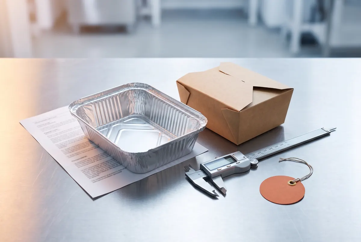 A foil container, a kraft takeout box, a spec sheet and calipers on a steel inspection table