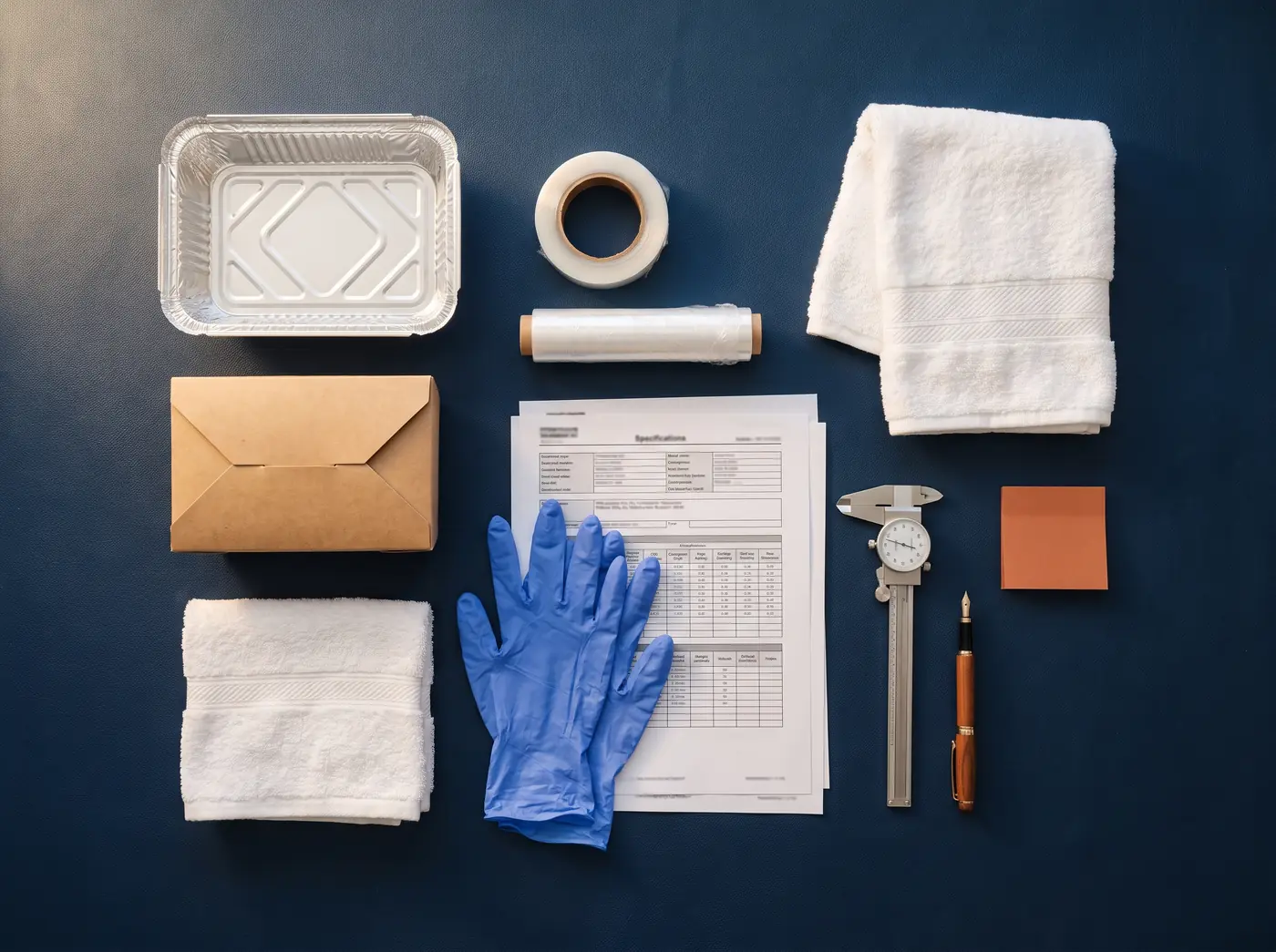 Product samples, spec sheets and calipers laid out on a desk for review
