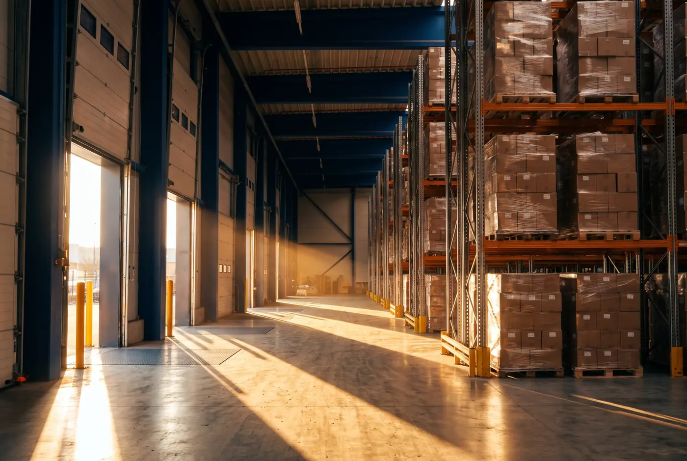 Pallets of cartons on warehouse racking in early morning light