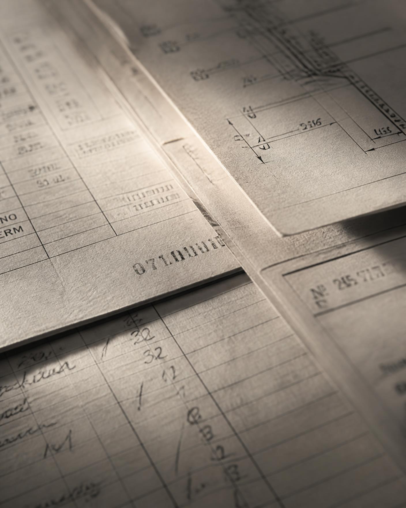 Layered specification sheets and a ruled ledger under raking light